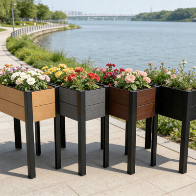 กระถางปลูกต้นไม้แบบยกสูงทันสมัยพร้อมวัสดุผสมไม้พลาสติกที่เป็นมิตรต่อสิ่งแวดล้อม ทนน้ำ และหน่วงไฟ สำหรับใช้ภายนอกอาคาร